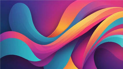Abstract colorful wave shapes with layered curves and vibrant gradients on a soft background. Includes elements like floating leaves, splashes, and circular particles. Smooth, flowing design with shad