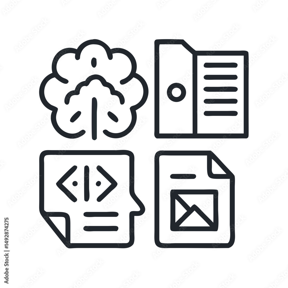 Poster dark outlined icons represent knowledge data management system