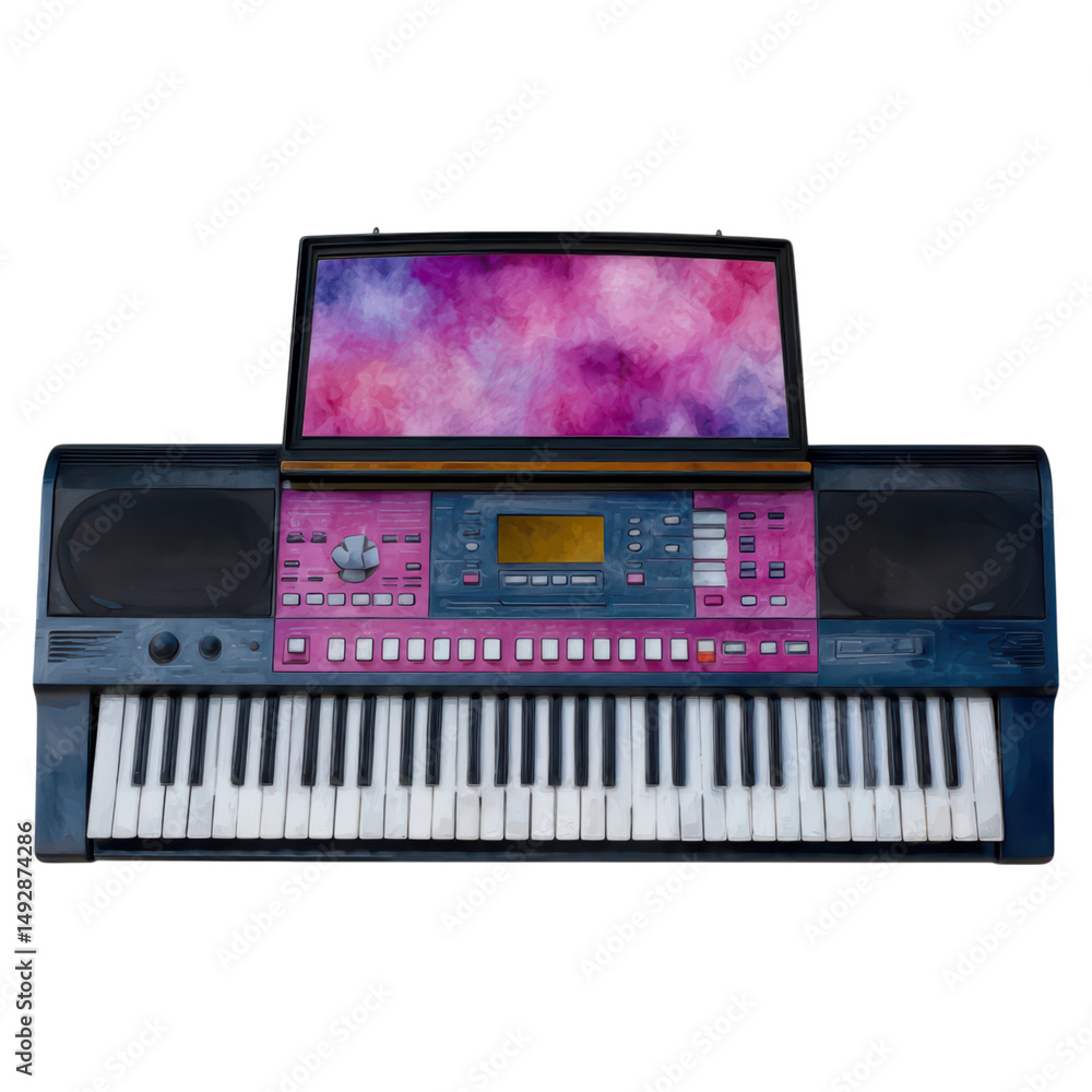 Poster colorful electronic keyboard with vibrant abstract background and keys, isolated on transparent back