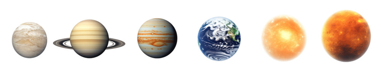 Obraz premium Celestial Body Collection: Sun, Planet Earth, Moon, Mars, and Astronomical Objects on Transparent Background