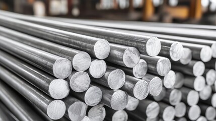 Close-up of neatly stacked, cylindrical metal rods in a factory setting.