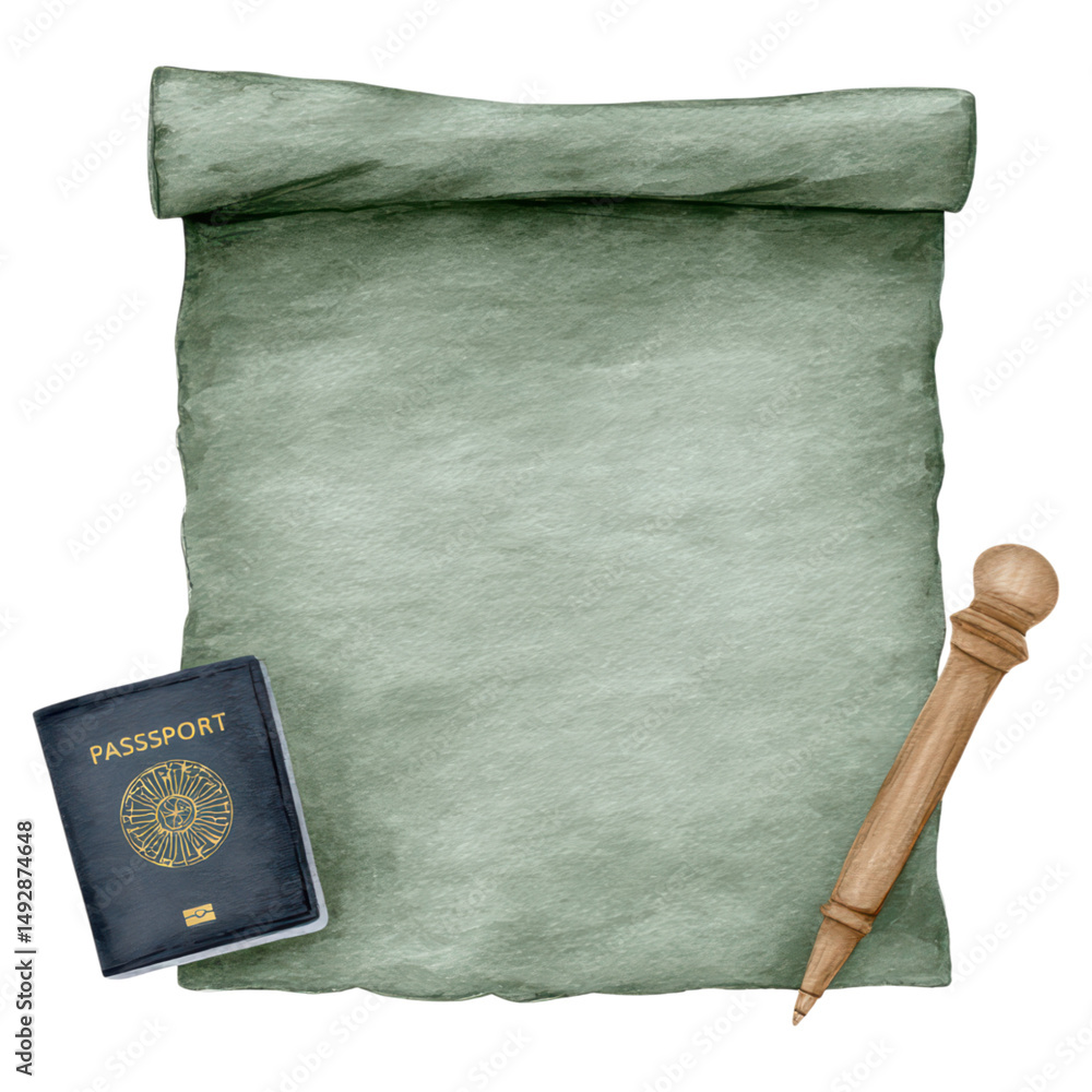 Poster aged paper scroll with blank space and passport on a wooden desk, isolated on transparent background