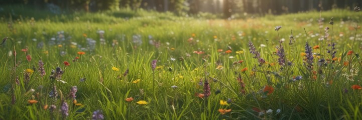 Vibrant summer meadow, wildflowers, buzzing insects, lush grass ,  seamless,  thriving,  summer