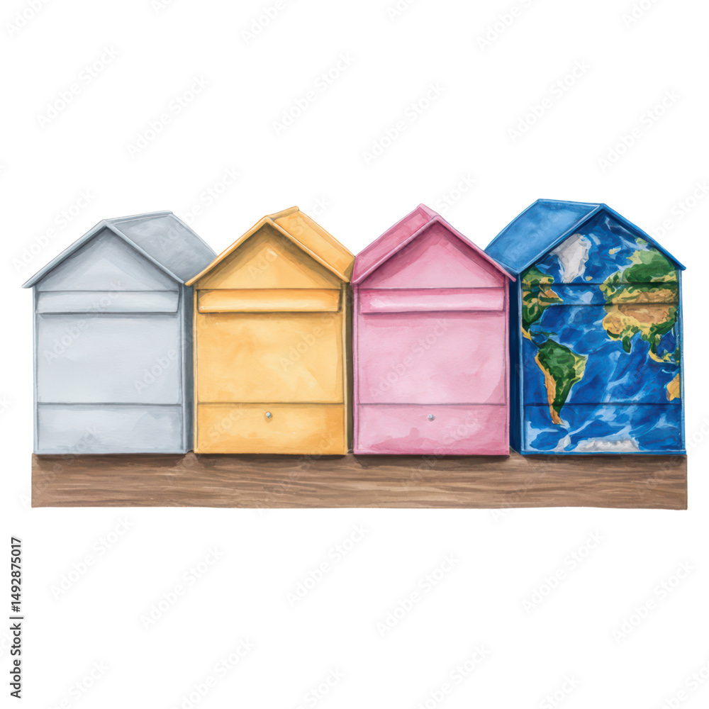 Poster colorful mailboxes with map design on a wooden surface in isolated background, isolated on transpare
