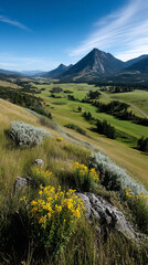 Fototapeta premium Golden wildflowers whisper secrets to ancient mountains under azure skies, celebrating Beltane and Lunasas verdant tapestry