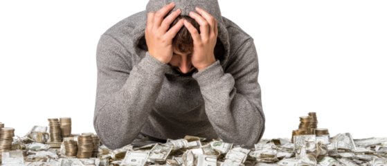 Stressed individual overwhelmed by financial issues.