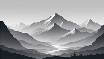 Snowy mountain landscape with morning mist and sunrise over the peaks