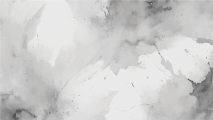 Grunge abstract background with textured paint splashes in dark white, ash, grey tones. Rough edges and layered brush stroke effects in a chaotic composition. Vector format.