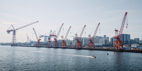 Obraz premium Rotterdam Port Cranes Against a Sky Background