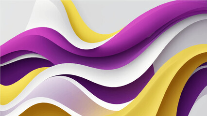 Colorful abstract waves with smooth curves and layered ribbon-like shapes, featuring a vibrant gradient palette of teal, white, yellow, purple, on a background. Vector style, clean edge