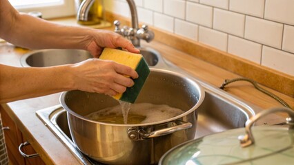 Hands washing a sponge in a pot at a kitchen sink, with a focus on cleaning.