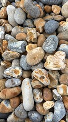 Beautiful Collection of Smooth River Stones Displaying Various Colors and Textures on a Sunny Day by the Riverside