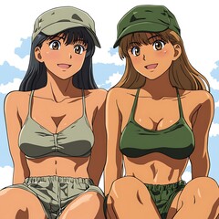 Two women in swimwear and caps