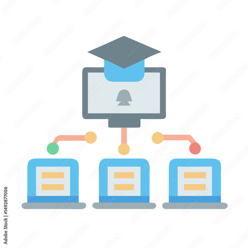 Poster online learning network with graduation cap and multiple computers