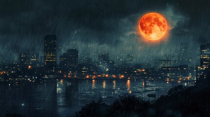 Obraz premium Rainy night cityscape with a large, ominous red moon.