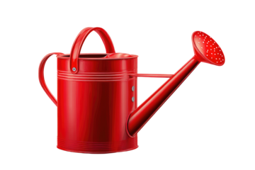 A vibrant red watering can with a classic design standing against a stark black background in a studio shot on transparent background