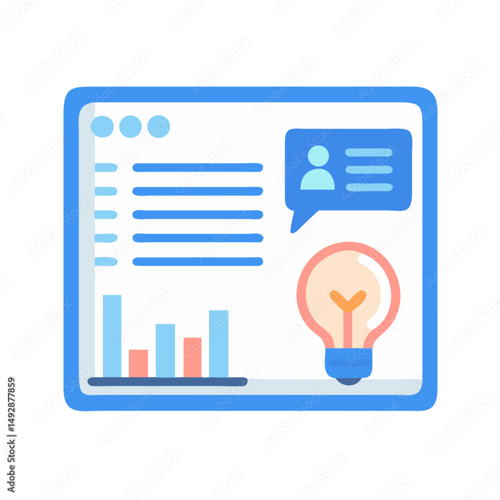 Poster website interface with data and lightbulb symbol illustration