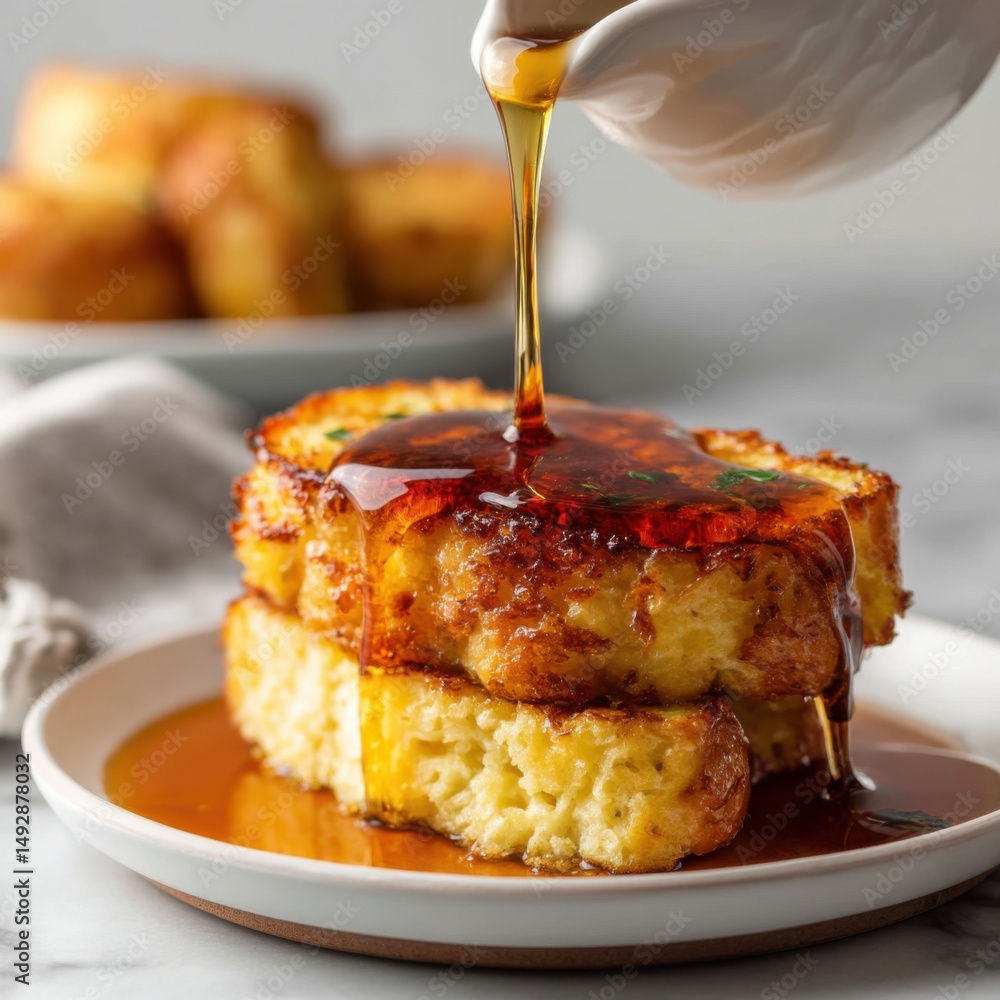Poster french toast stack being drizzled with maple syrup from a white pitcher on a marble table top close 