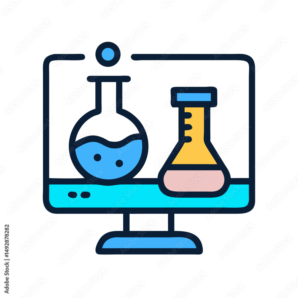 Poster online science learning two flasks on computer screen illustration