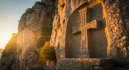 Stone cross in mountain cliff