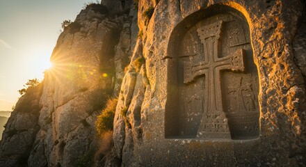 Cross Carving on Stone Rock Mountain at Sunset