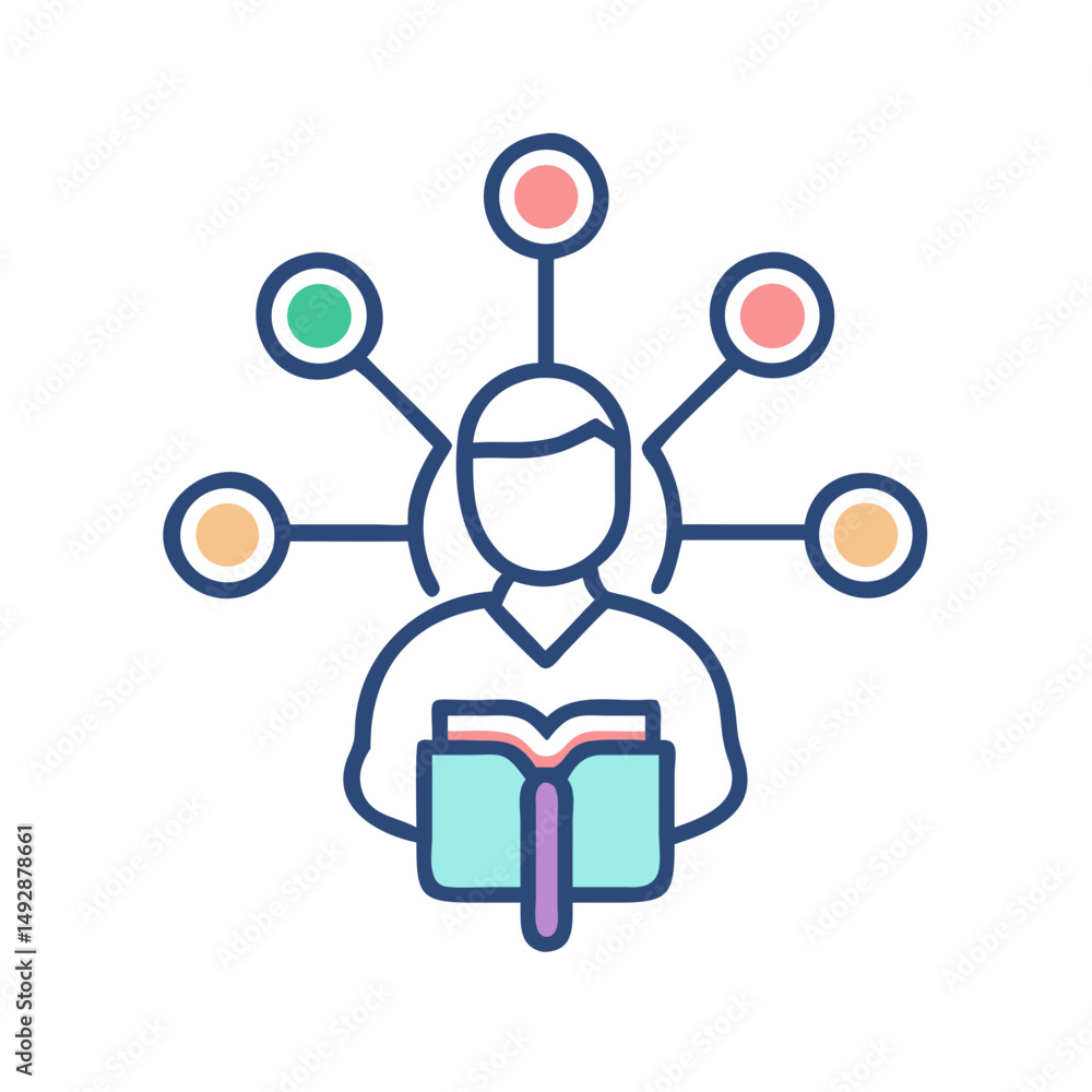 Poster stylized student reading book with network of interconnected information