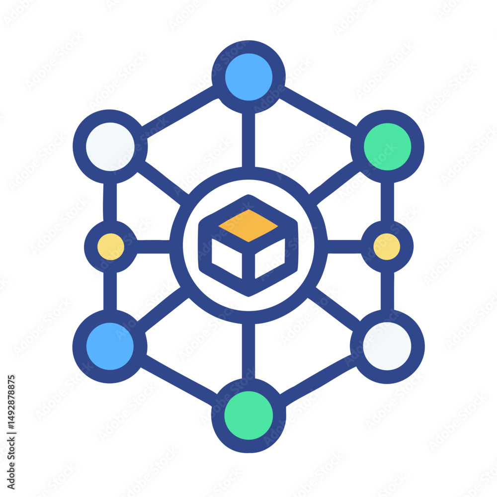 Poster connected network box with data nodes on white backdrop