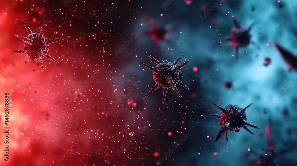 Poster colorful abstract representation of viruses with red and blue backgrounds and dynamic particles in a