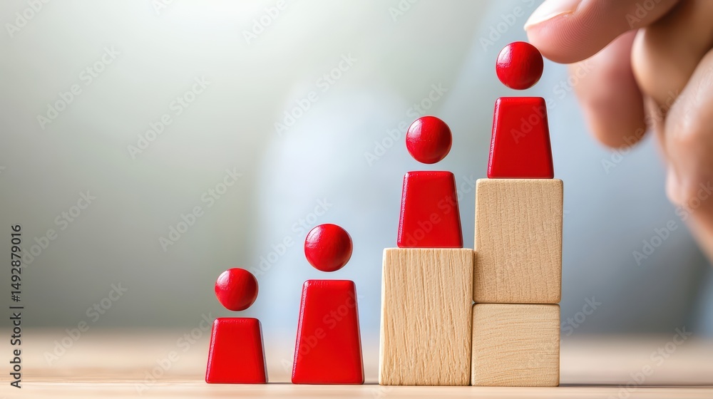 Poster growth and progress concept with red and wooden blocks and figures representing development and achi