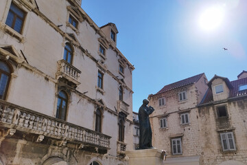Ancient streets of Europe. Yellow stone houses. Split city in Croatia.