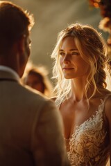 Fototapeta premium Bride and Groom Exchanging Vows at Sunset, Symbolizing Commitment and Enduring Love in a Romantic Wedding Ceremony : Generative AI