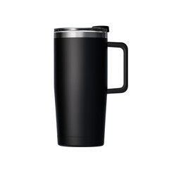 A black stainless steel tumbler with a handle and clear lid on a black background in portrait orientation on transparent background
