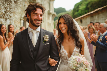 Couples de jeunes mari&eacute;s souriants en sortie de c&eacute;r&eacute;monie, en ext&eacute;rieur, tenues &eacute;l&eacute;gantes et ambiance romantique