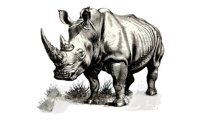 Fototapeta premium Vintage Wildlife Etching, Antique Rhino Engraving in Savanna, Black Sketch Mammal Art, Retro Safari Print, Rustic Fauna Drawing, Detailed Nature Illustration, Monochrome Line Art, Trendy