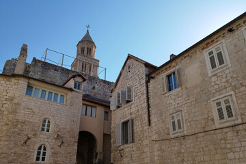 Ancient streets of Europe. Yellow stone houses. Split city in Croatia.