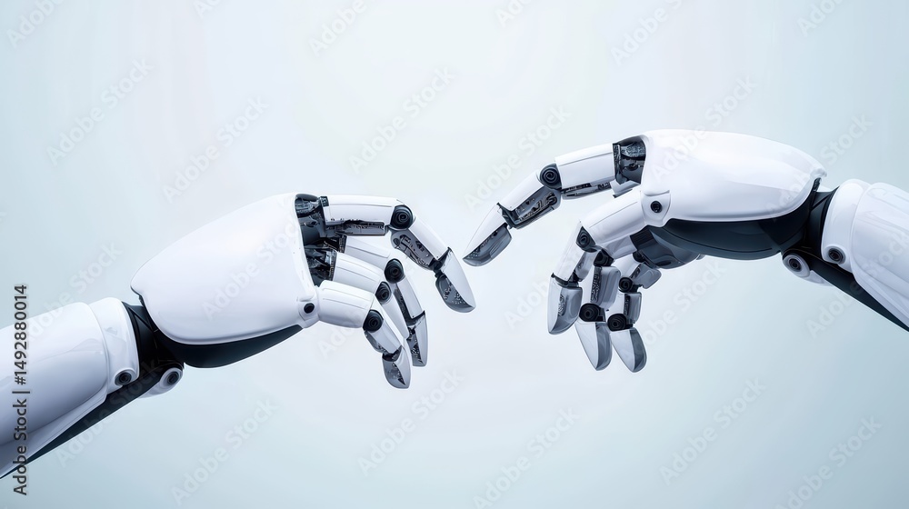 Poster futuristic robotic hands reaching out in a moment of connection and innovation in technology and art