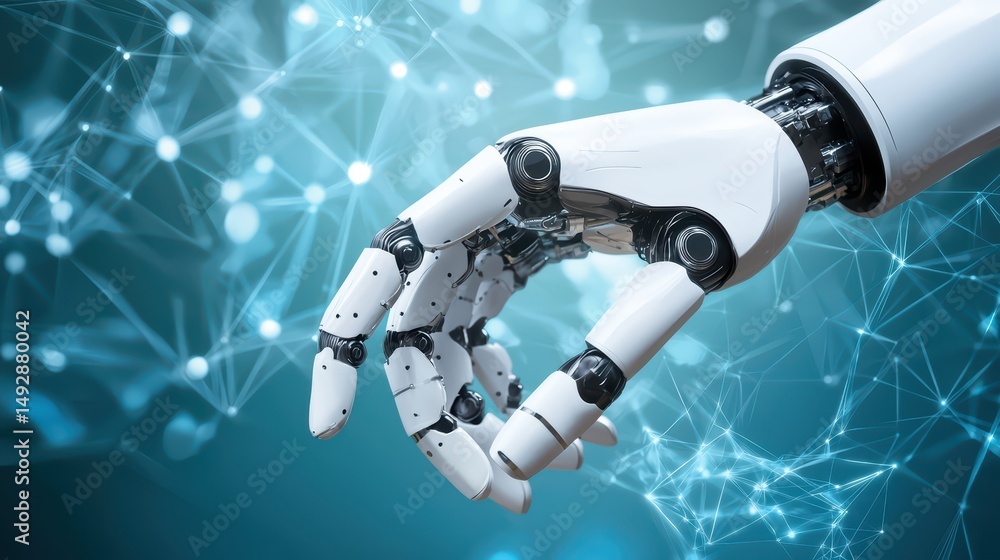 Poster robotic hand reaching toward digital network connected technology in futuristic concept of artificia