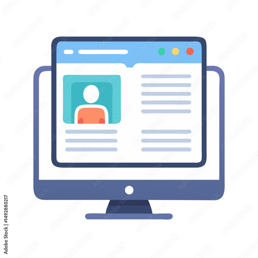 Poster computer screen displaying profile page on website, flat design