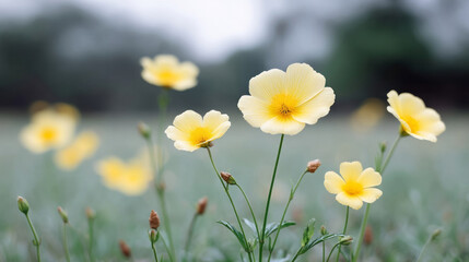 Fototapeta premium Delicate buttercups sway gently under a misty dawn, evoking Beltane's floral whisper and the quietude of nature's canvas