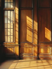 Interior view of a wood paneled room with window and sunlight streaming in warm tones and classic design