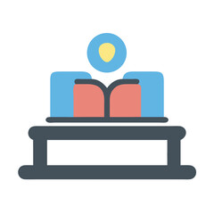 Stylized icon of figure studying book at a desk