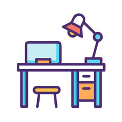 Stylized desk illustration with computer, lamp and stool