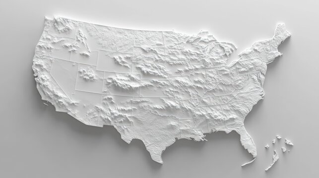 3D topographic map of the United States, showing elevation changes in white relief.