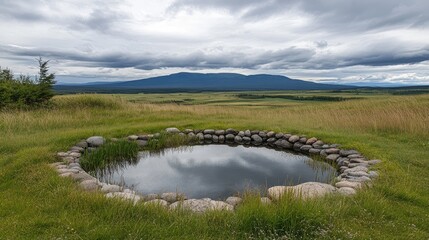 Fototapeta premium Small water reservoir pond surrounded by cultivated land and bordered by stones for irrigation use