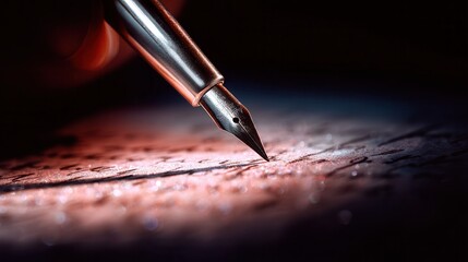 Fountain pen writing on paper with dim light illumination