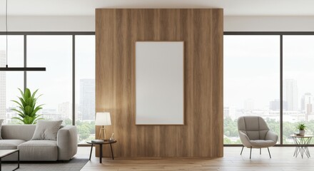 Fototapeta premium Modern living room with wooden wall and large mirror by the window 