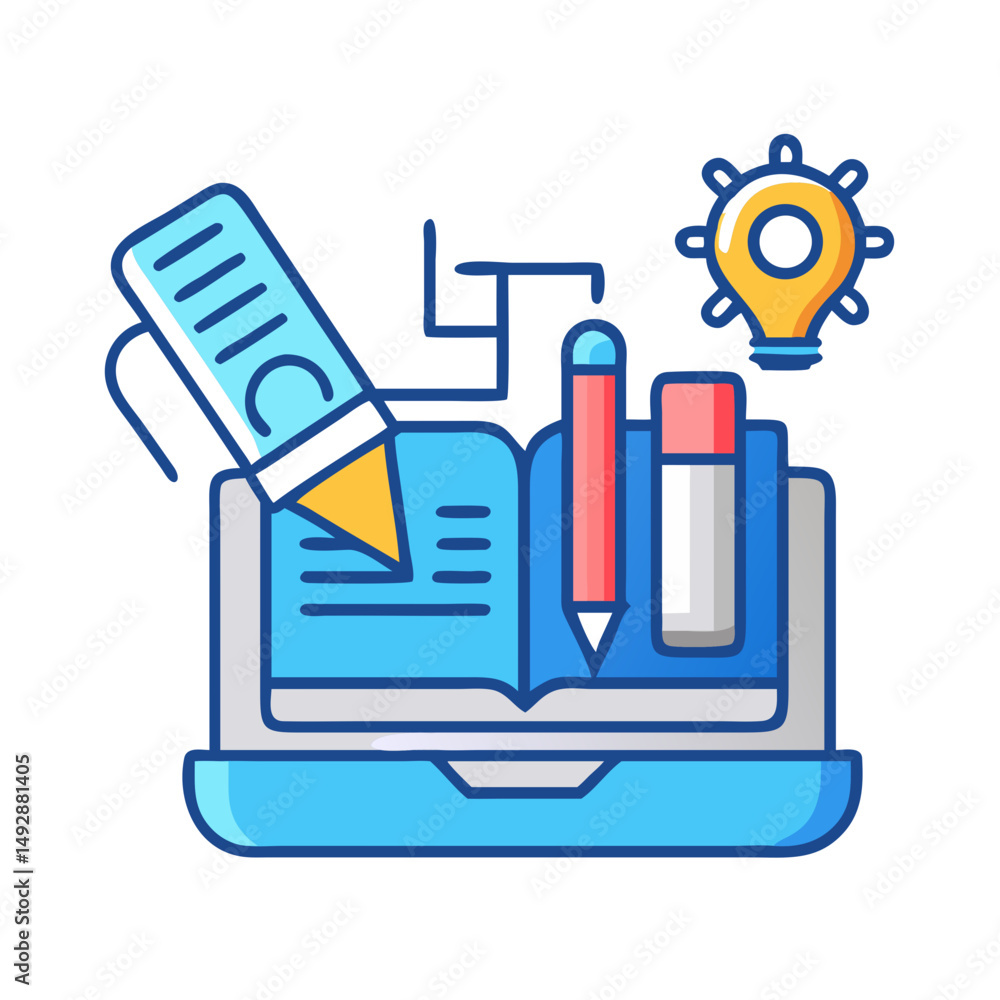 Poster online learning concepts: a notebook and idea lightbulb