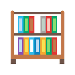 Stylized bookshelf illustration filled with colorful books icon