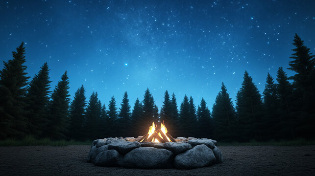 Fototapeta A serene campfire flickers beneath a cosmic tapestry, invoking National Stargazing Day and contemplative forest solitude rituals