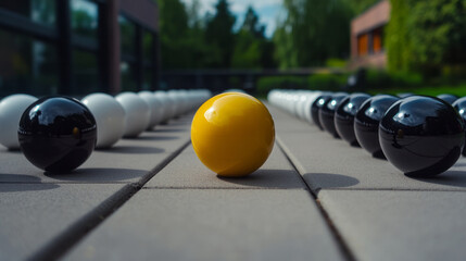 Yellow sphere of defiance disrupts monochrome harmony, embodying individuality on World Creativity Day, aligning with avant-garde philosophy
